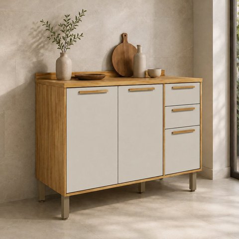 Balcão de Cozinha 3 Portas Tampo 100% MDF 120cm Malta Bege/Amêndoa/Off-White Espresso Móveis