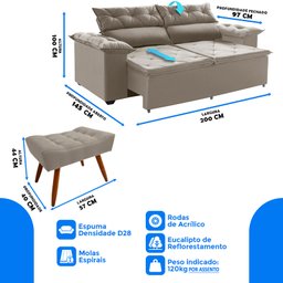 Conjunto Sofá Compact 2 metros retrátil e reclinável com Molas Espirais e 2 Puffs Suede Castor - Sof - 4