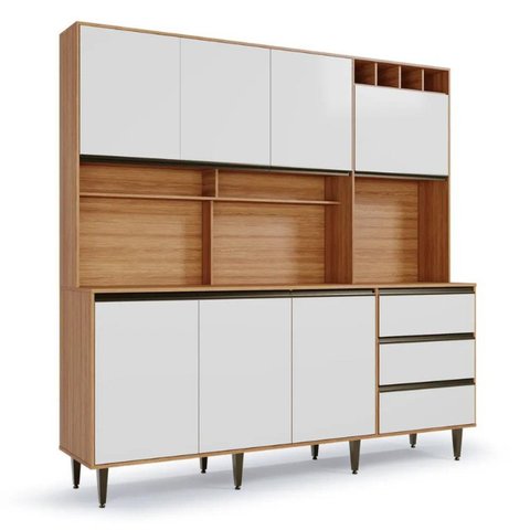 Armário de Cozinha 7 Portas 3 Gavetas Nicho Versatti Branco/Freijó/Off White