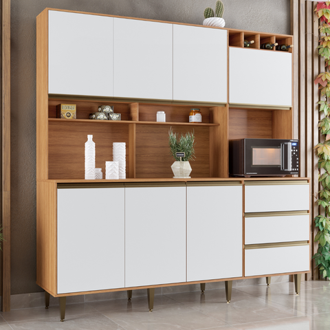 Armário de Cozinha 7 Portas 3 Gavetas Nicho Versatti Branco/Freijó/Off White