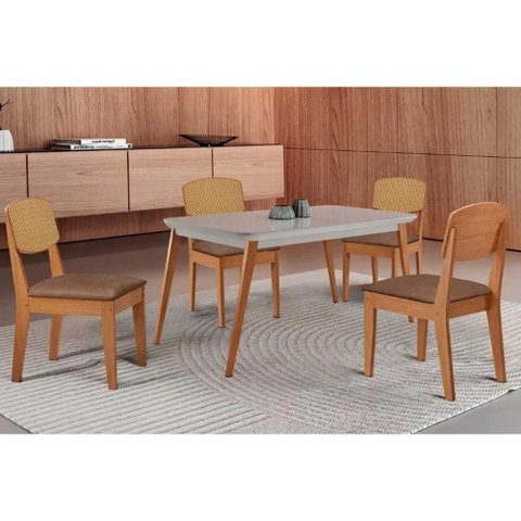Conjunto: Mesa de Cozinha Havana Curvo 120cm + 4 Cadeiras Havana Naturale/Off White - Corano