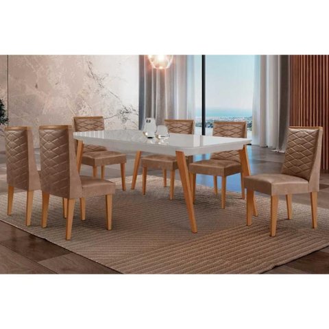 Conjunto: Mesa de Cozinha Havana Curvo 180cm + 6 Cadeiras Dafne Naturale/Off White - Corano