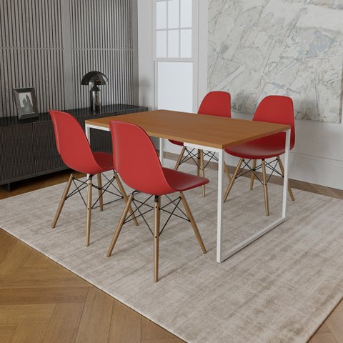 Mesa Industrial Base Ferro Branco Tampo 137x90 Canela 4 Cadeiras Eames Madeira Assento Vermelho