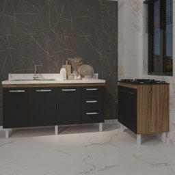Cozinha Balcão Armário Gabinete de Pia 150 cm Deise e Balcão Fran para Fogão Cooktop 5 Bocas Savana  - 3
