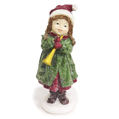 Escultura Menina Trompetista Natalina em Pé Decorativa 18cm