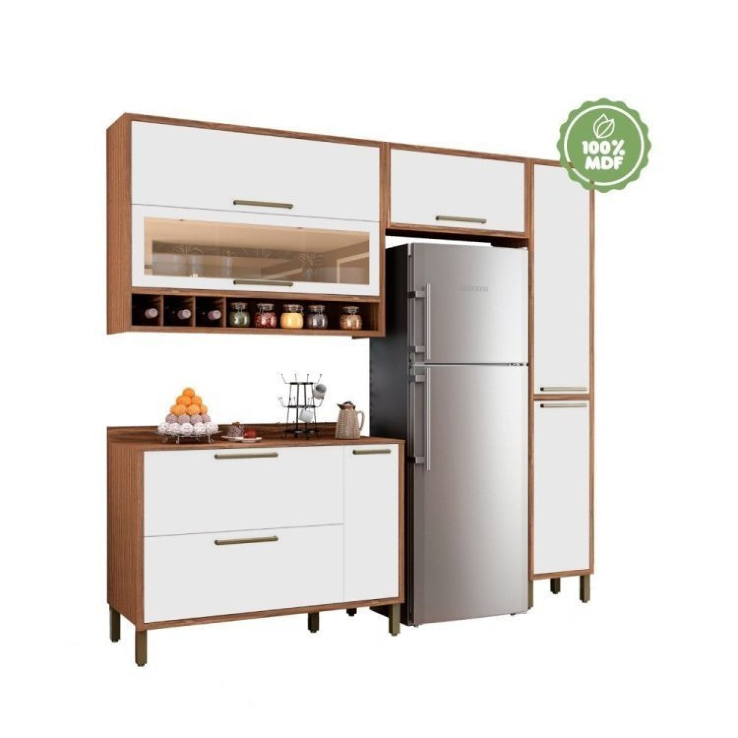 Cozinha Modulada Compacta Com 4 Peças 6 Portas E Vidro Reflecta 100 Mdf Vicenza Madeiramadeira 2744