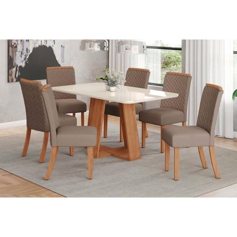 Conjunto: Mesa Sala Jantar Lins C/ Tampo Madeirado C/ Vidro Curvo 160x90cm e 6 Cadeiras Malu Nature/