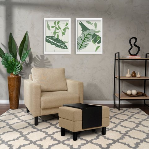 Conjunto Poltrona com Puff Baú 60cm e Bandeja Antúrio CabeCasa MadeiraOriginals Bege