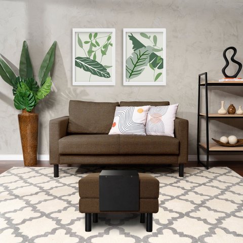 Conjunto Sofá 2 Lugares com Puff Baú 60cm e Bandeja Antúrio CabeCasa MadeiraOriginals Marrom