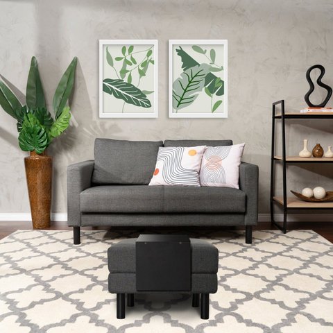 Conjunto Sofá 2 Lugares com Puff Baú 60cm e Bandeja Antúrio CabeCasa MadeiraOriginals Cinza Grafite