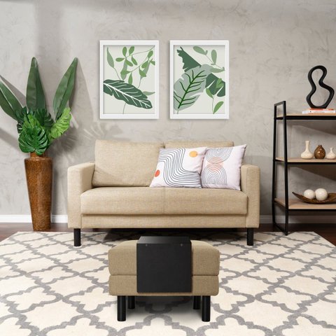 Conjunto Sofá 2 Lugares com Puff Baú 60cm e Bandeja Antúrio CabeCasa MadeiraOriginals Bege