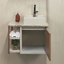 Ver imagem 3 de Conjunto Gabinete Banheiro Espelheira 100% MDF Cuba Mármore:Biscuit/Madeirado