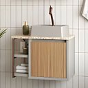 Ver imagem 2 de Conjunto Gabinete Banheiro Espelheira 100% MDF Cuba Mármore:Biscuit/Madeirado