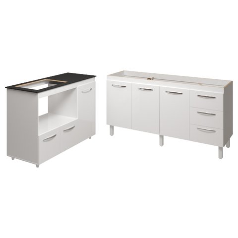 Balcão Armário Gabinete de Pia 150 Cm Deise e Balcão Alana para Fogão Cooktop 4 Bocas e Forno Elétri