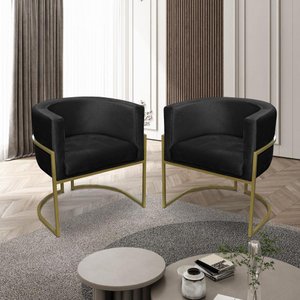 Kit 02 Poltronas para Sala Decorativa Luna Base Ferro Dourado Veludo Preto Visan Estofados