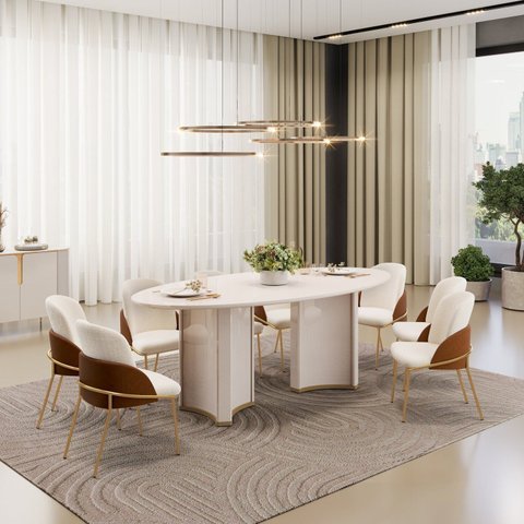 Conjunto Sala de Jantar Liz Tampo Elipse com Vidro Orgânico 218cm com 8 Cadeiras Vitta Bege/Off White/Terracota/Perola