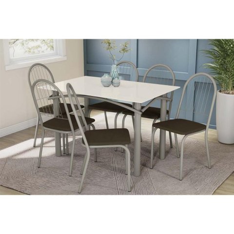 Conjunto: Mesa de Cozinha Elba Tampo Madeirado C/ Vidro 120cm e 6 Cadeiras Noruega Niquel/off White