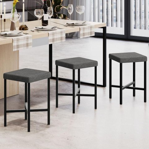 Banqueta Baixa Bar Cozinha Sala de Jantar Preto Stella L02 Linho Cinza Escuro - Lyam Decor