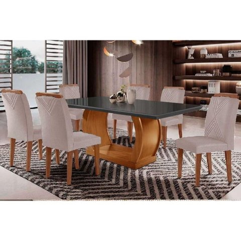 Conjunto Sala de Jantar Jade Tampo Madeirado c/ Vidro Curvo 180x90 e 6 Cadeiras Amsterdã Madeira