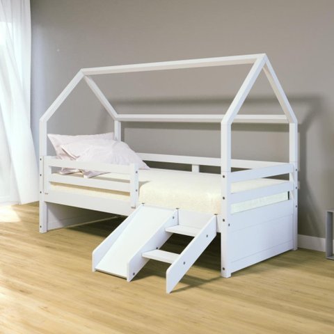 Cama Casinha Slim Rb com Kit Escada/ Escorregador e Grade de Proteção Branco Housin