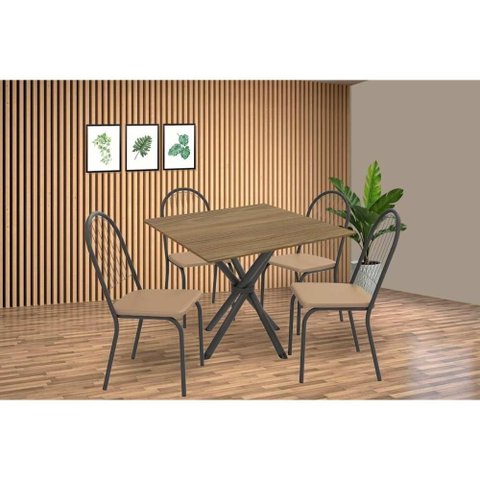 Sala de Jantar Completa Volga C/ Tampo de Madeira 90cm e 4 Cadeiras Noruega Preto/nogueira -