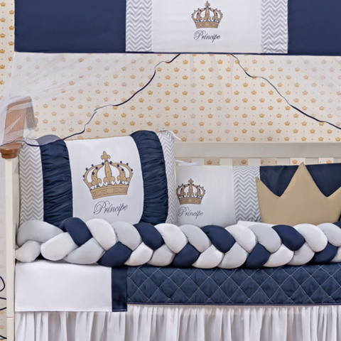 Enxoval Berço 11 Peças Menino Realeza Bordado com Mosquiteiro:marinho