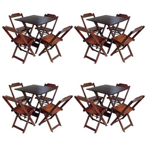 Kit 4 Conjuntos De Mesa Com 4 Cadeiras De Madeira Dobravel 70X70 Imbuia - Marrom