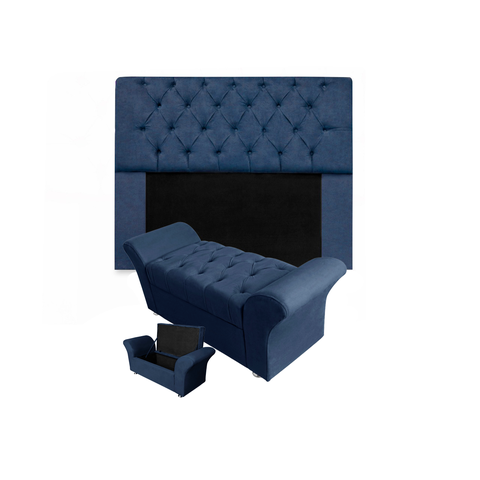 Jogo Cabeceira Mirage e Calçadeira Baú Veneza Casal 140 cm Suede Azul Marinho