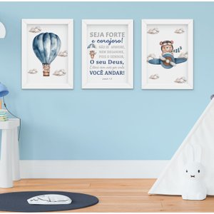 Quadro Infantil Menino Ursinho Aviador Seja Forte e Corajoso