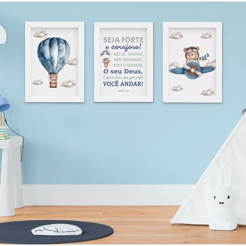 Quadro Infantil Menino Ursinho Aviador Seja Forte e Corajoso