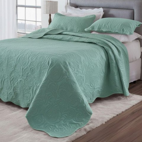 Cobre Leito Colcha Casal Queen Pratika Dupla Face 03 Peças - Verde Malva - 100% Poliéster