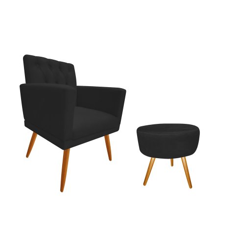 Kit Poltrona Decorativa Nina Capitonê + Puff Redondo Couro Preto Pés Madeira Mz Decor