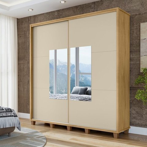 Guarda-Roupa Casal Monte Carlo com 2 Portas de Correr com Espelho e 4 Gavetas Internas e Maleiros Bege/Cinamomo/Off White