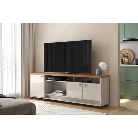 Bancada Napoli Suporte para Tvs C/ 3 Portas e Nichos - Off White Perolizado/jequitiba