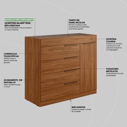 Cômoda Lume 5 Gavetas com Porta Jóia Nogueira - Demartêz - 4