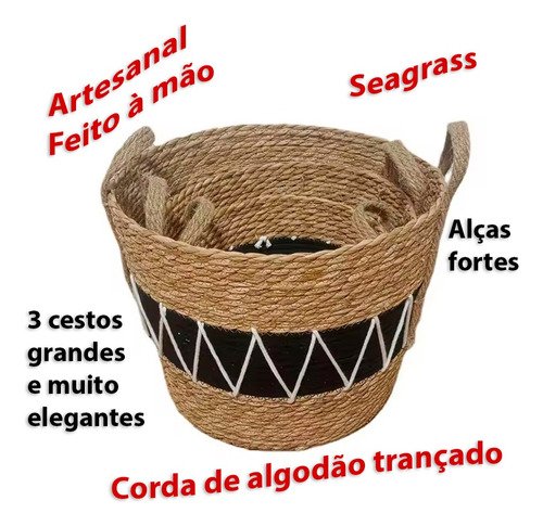 3 Cesto Alça Organizador Redondo Grande Decor Boho Seagrass - 3