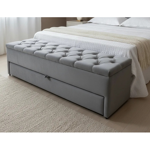 Puff Baú com Gaveta 120x50x45cm na Cor Cinza no Tecido Veludo Liso (sapateira)