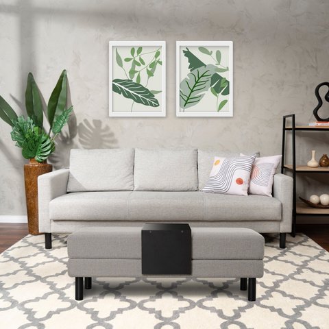 Conjunto Sofá 3 Lugares com Puff Baú 120cm e Bandeja Antúrio CabeCasa MadeiraOriginals