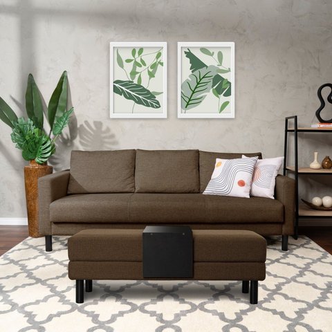 Conjunto Sofá 3 Lugares com Puff Baú 120cm e Bandeja Antúrio CabeCasa MadeiraOriginals Marrom
