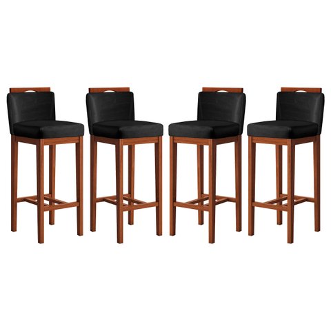 Kit 4 Banquetas Média para Bancada Ilha 38x92 Cm Líbia Madeira Maciça Suede Preto CCS
