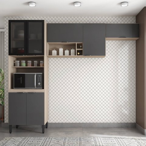 Cozinha Compacta Modulada Firenze 03 Peças 7 Portas Cinza/Avena Touch/Grafito