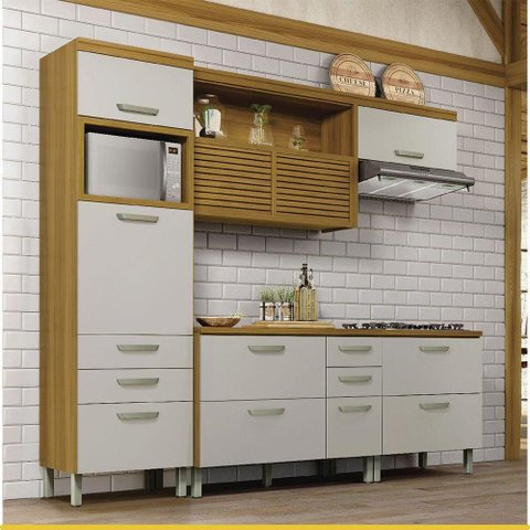 Cozinha 4 Peças Princesa 7 Portas 7 Gavetas MDF 264cm Freijó com Off White