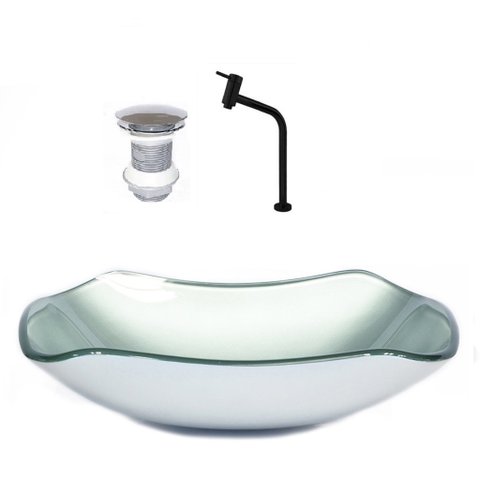 CUBA DE VIDRO ABAULADA 45CM PRATA + VALVULA + TORNEIRA PRETA