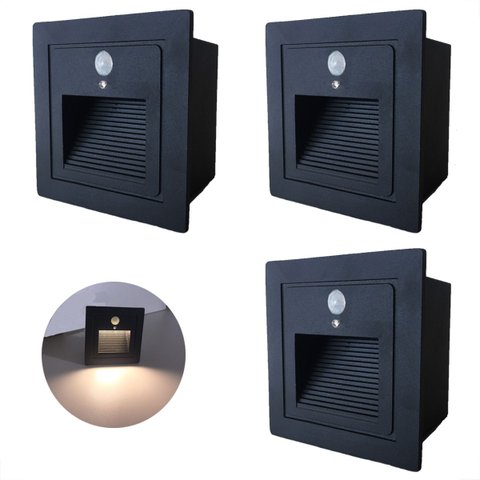 3 Balizador Led Parede Sensor Presença Embutido Preto Lup72