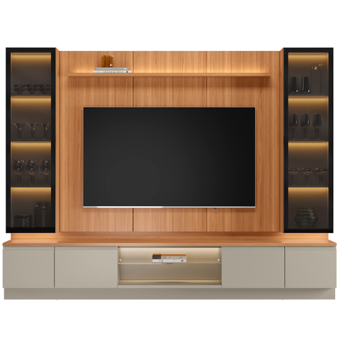 Rack com Painel e 2 Cristaleiras 2 Portas com LED Magnata Canela/Gris