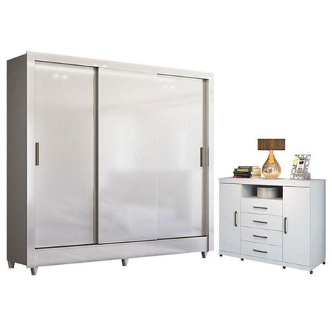 Guarda Roupa Casal Itália 3 Portas de Correr 2 Gavetas com Cômoda Havana Master Branco Brilho