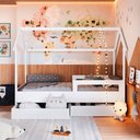 Ver imagem 1 de Cama Montessoriana Infantil Estilo Casinha 2 Gavetões 201cm Cor:branco com Rosa