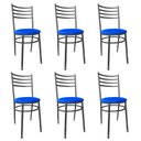 Ver imagem 1 de Conjunto 6 Cadeiras Jantar de Metal Preto e Assento Estofado Azul