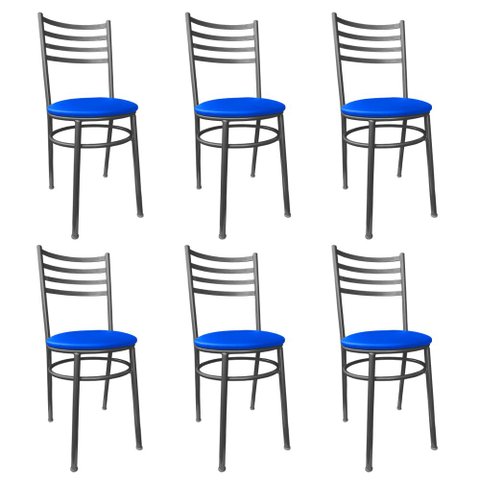 Conjunto 6 Cadeiras Jantar de Metal Preto e Assento Estofado Azul