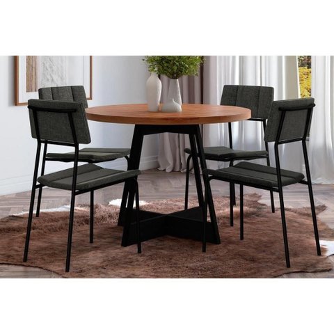 Conjunto Mesa de Cozinha Átria 1594 Aço com Tampo Madeirado 100cm e 4 Cadeiras Lou Preto Nogal